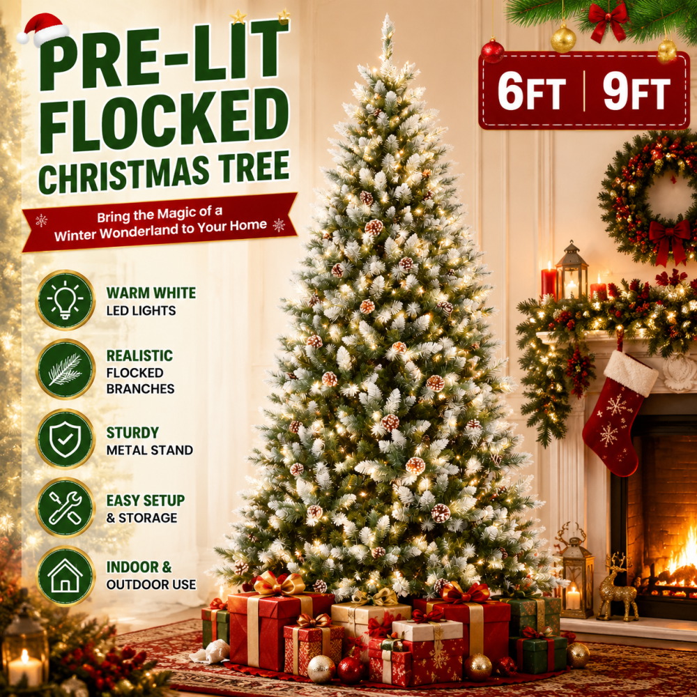 Pre-Lit Flocked Artificial Chr - Outdoor Lighting Tree ulasan dan harga