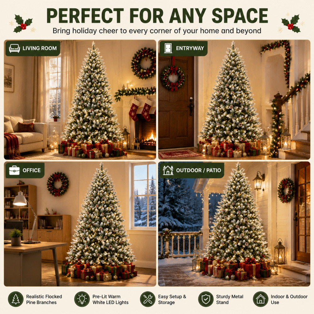 Pre-Lit Flocked Artificial Chr - Outdoor Lighting Tree ulasan dan harga