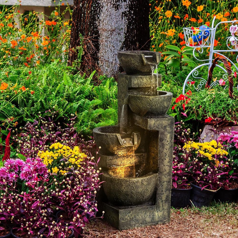 4-Tier Stone Bowl Waterfall wi - Outdoor Zen Lighting ulasan dan harga